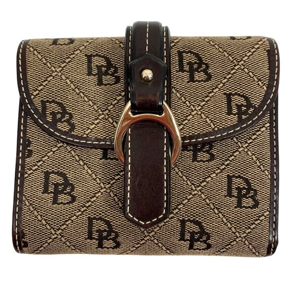 Dooney Bourke Signature Compact Wallet Trifold Brown/Tan Jacquard Leather Trim - Picture 1 of 11